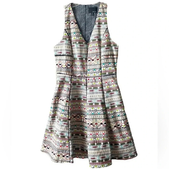 ANTHROPOLOGIE GREYLIN | Geo Aztec Print Cutout Back Fit & Flare Dress Size M - Picture 2 of 7